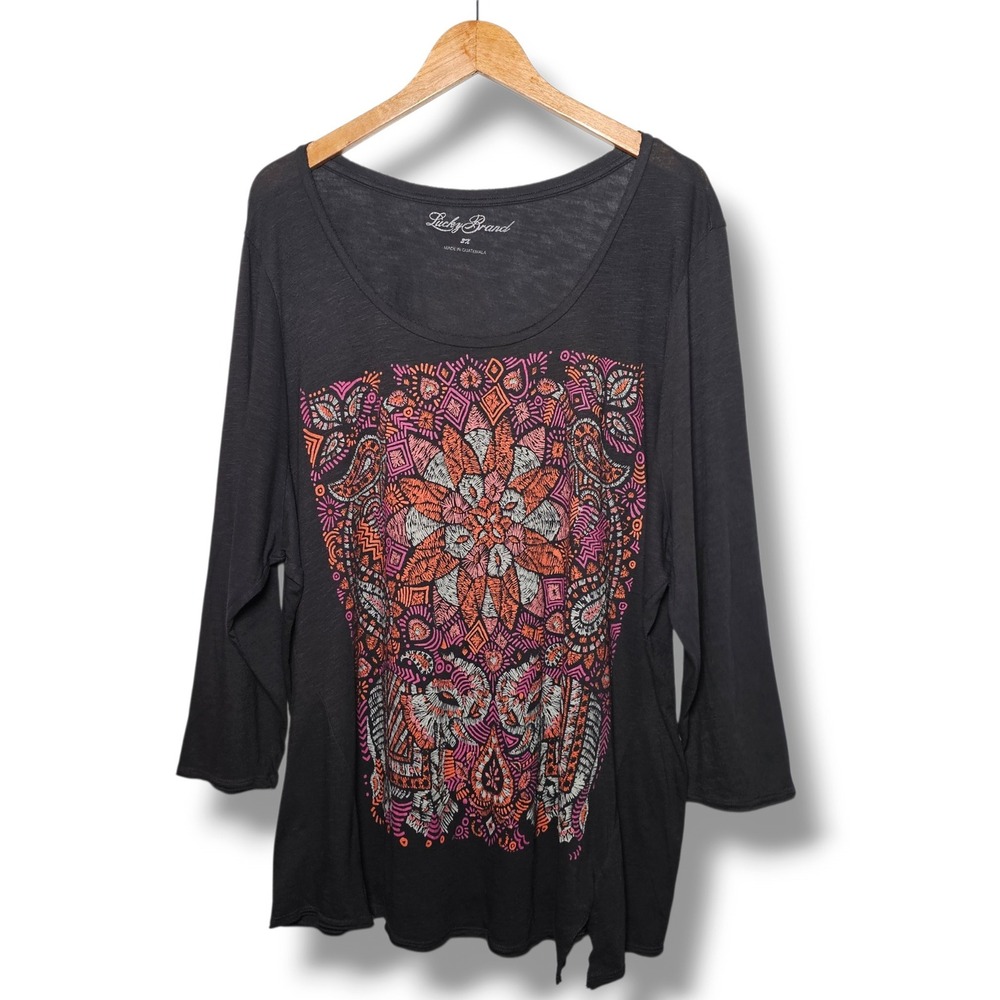 Lucky Brand Top 3X Womens Black Elephant Graphic Slub Knit 3/4 Sleeve Scoop Neck